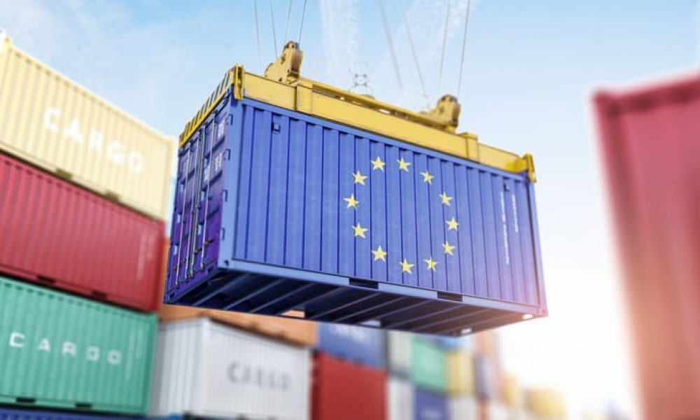 Cargo shipping container with EU European Union flag in a port harbor. Production, delivery, shipping and freight transportation of EU products concept. 3d illustration