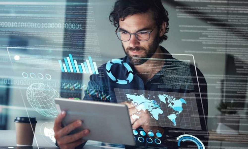 Business man, data and tablet hologram with digital overlay for tech, statistics or stock market. 3d, augmented reality and person with touchscreen for futuristic map, global trading or investment.