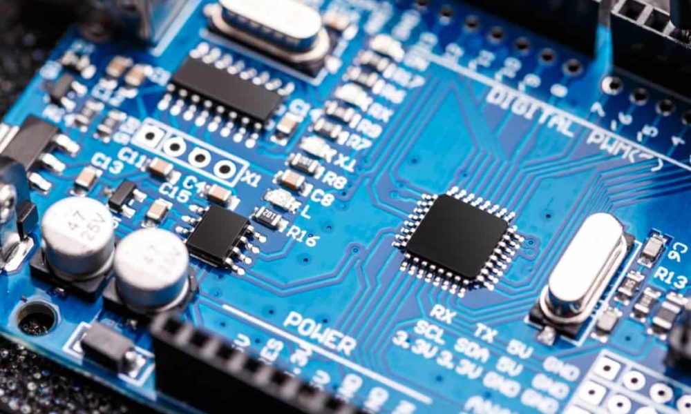 Integrated semiconductor microchip/ microprocessor on blue circuit board