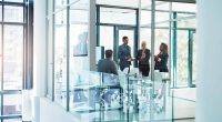 People gathered around a table meeting in an office with glass walls