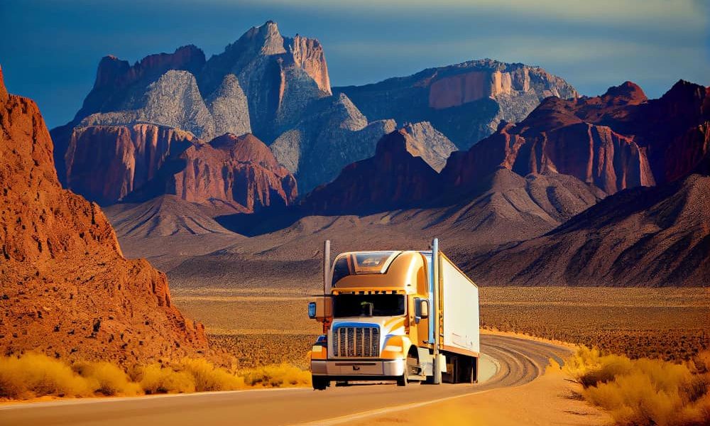 truck-with-white-trailer-drives-down-road-with-mountains-background